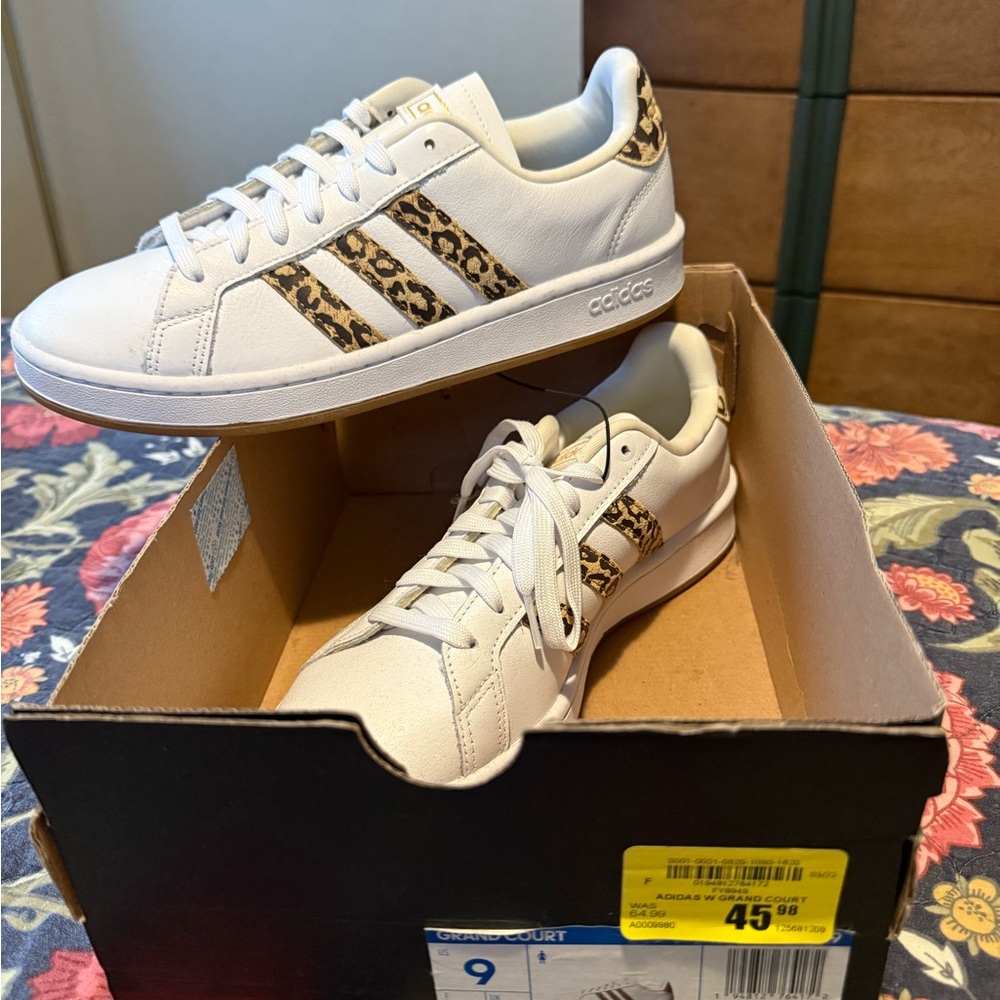 Adidas White and Brown Sneakers with Leopard Accents
